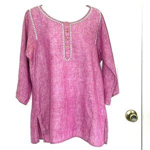 Ediie Bauer 100% Linen Tunic Top Womens sz L Embroidered Boho Langenlook Beachy